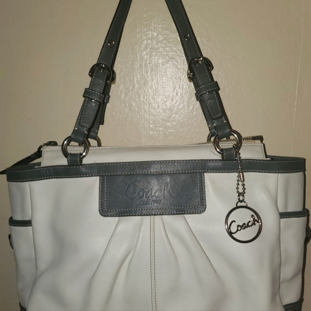 White and Gray Leather Coach Handbag with Lilac Interior